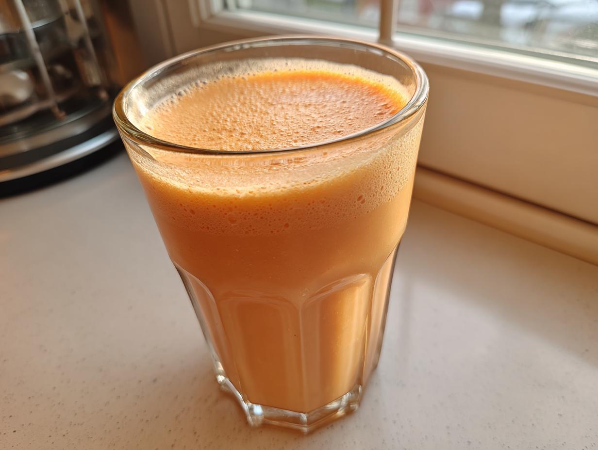 A frothy, orange-hued glass of high-protein peaches n cream protein milkshake sitting on a countertop near a window.