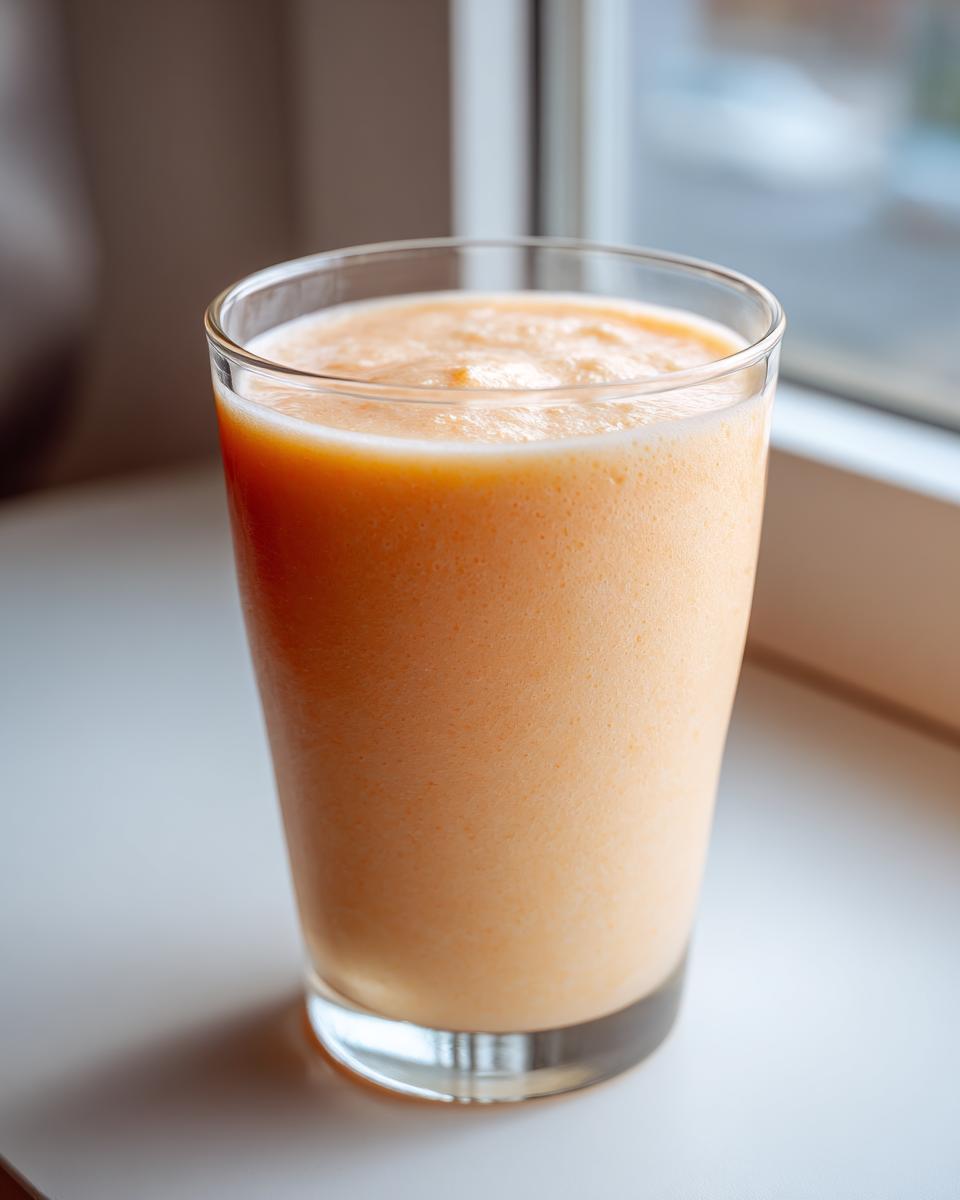 A tall glass filled with a thick, creamy, orange-hued high-protein peaches n cream protein milkshake.