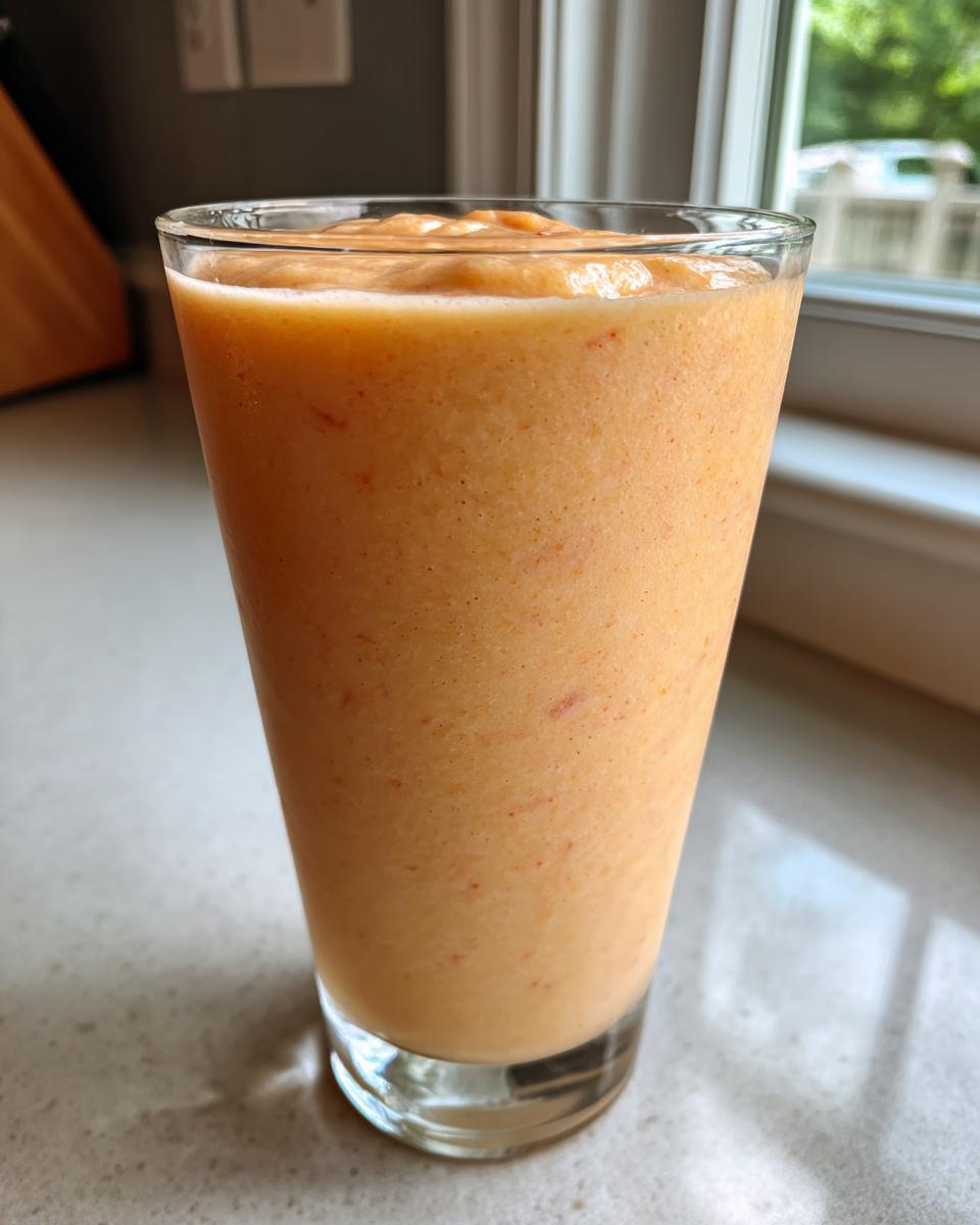 A tall glass filled with a thick, creamy, orange-hued high-protein peaches n cream protein milkshake.
