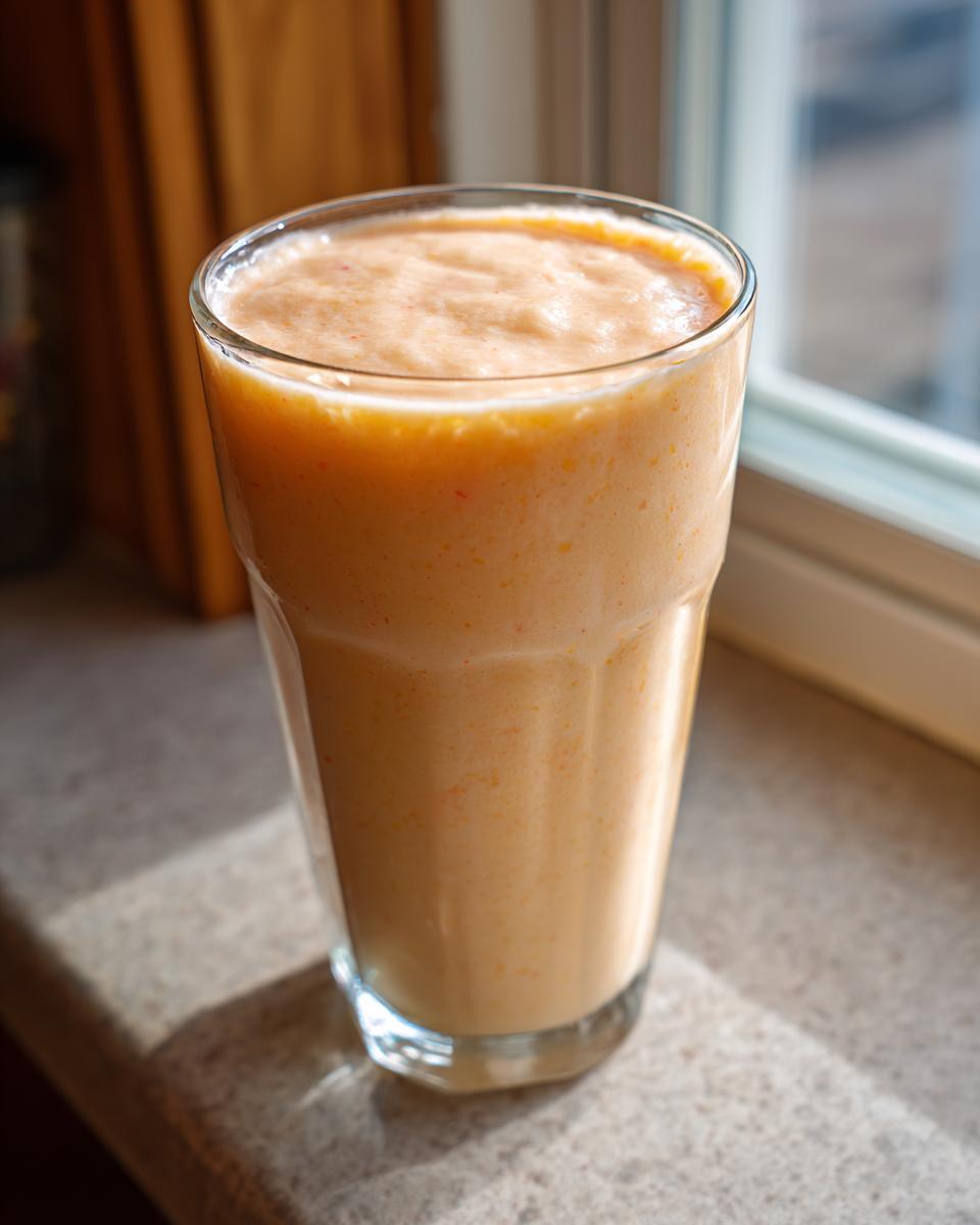 A tall glass filled with a thick, creamy, orange-hued high-protein peaches n cream protein milkshake sitting on a countertop near a window.