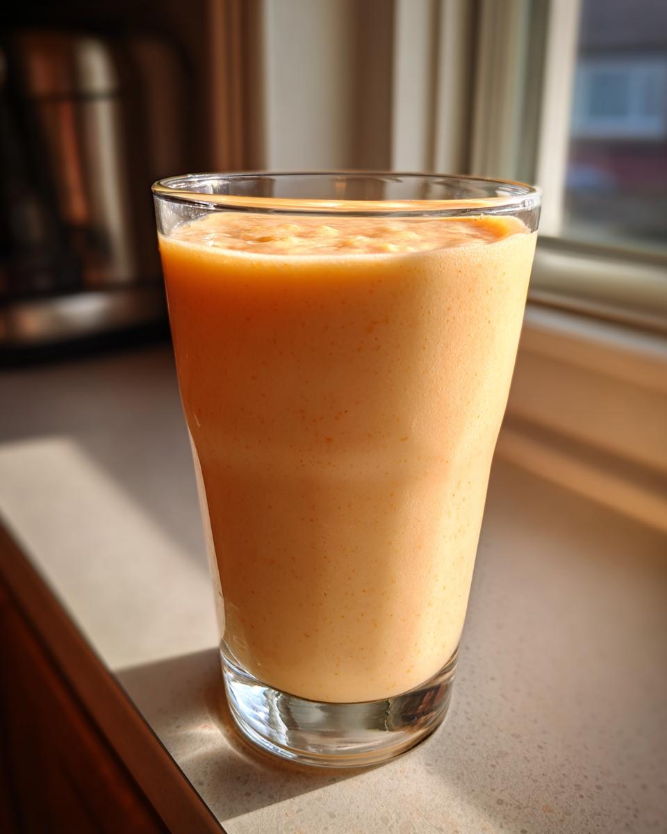 A tall glass filled with a thick, creamy, orange-hued high-protein peaches n cream protein milkshake sitting on a countertop near a window.