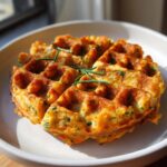 A golden brown, freshly made high-protein savory oat waffle garnished with chives on a white plate.