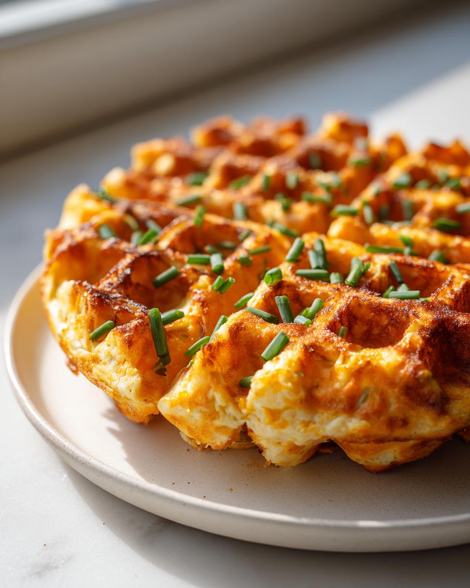 Close-up of golden brown high-protein savory oat waffles topped with fresh chopped chives on a light plate.