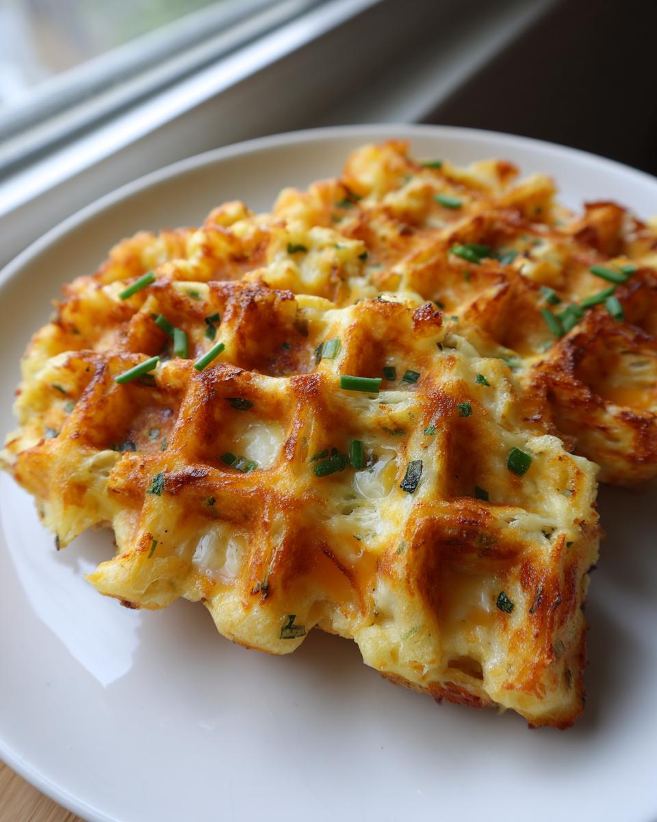 Close-up of two golden brown high-protein savory oat waffles garnished with fresh chives on a white plate.