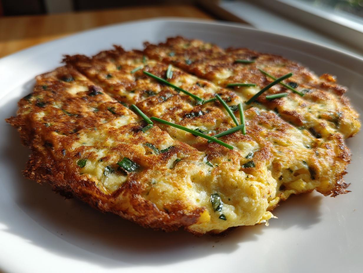 A golden-brown, round, savory oat waffle, sliced and garnished with fresh chives, served on a white plate.