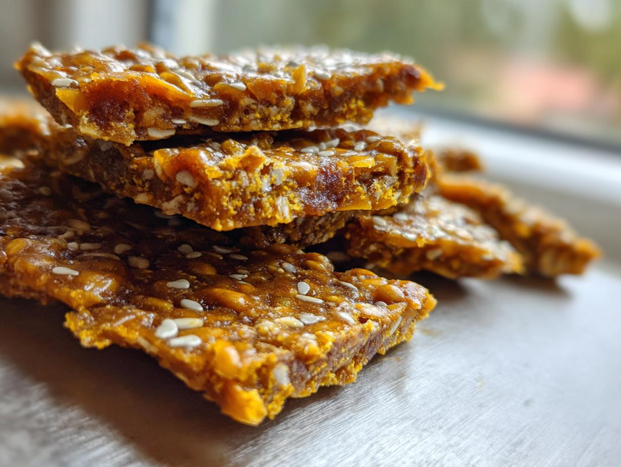 Close-up of stacked, golden-brown pieces of homemade seed brittle featuring visible sesame and sunflower seeds.