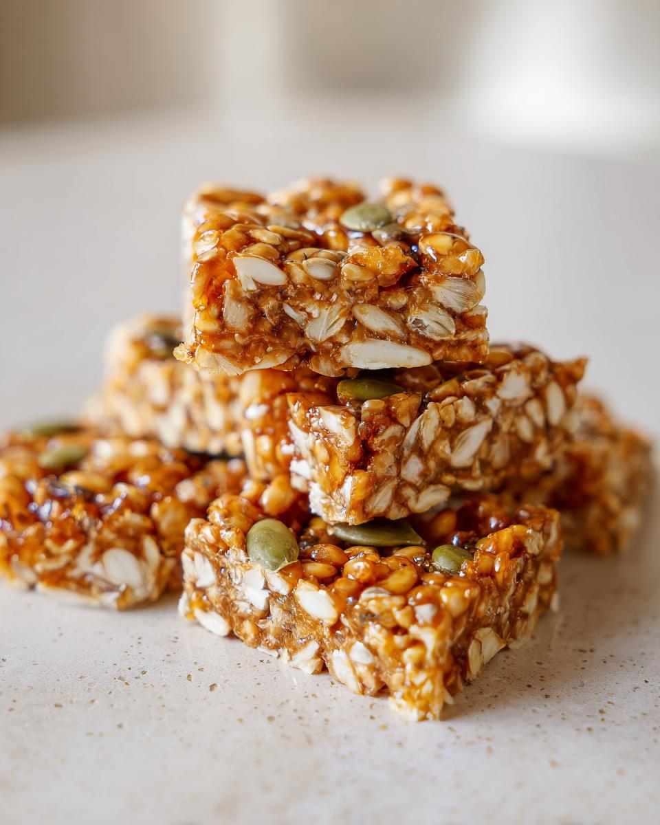 Stack of shiny, amber-colored seed brittle squares featuring pumpkin seeds and other nuts/seeds.