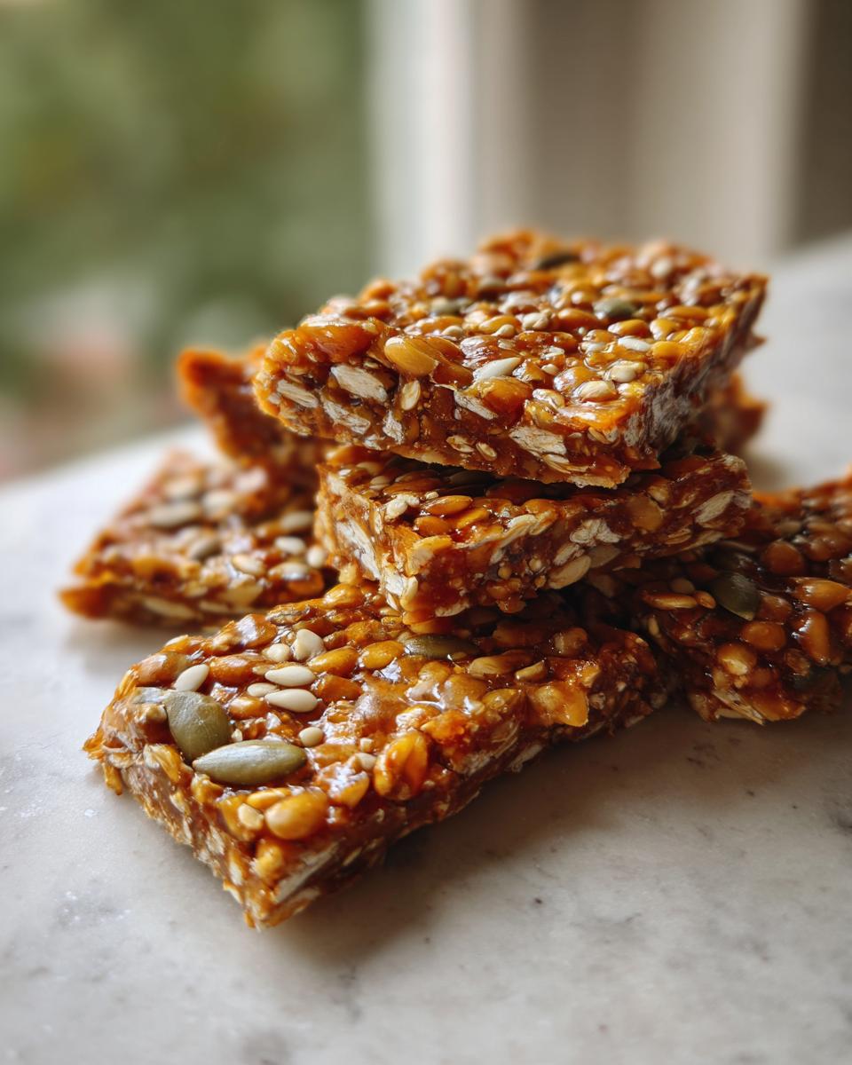 A stack of homemade seed brittle bars made with pumpkin and sunflower seeds, glistening with caramel.