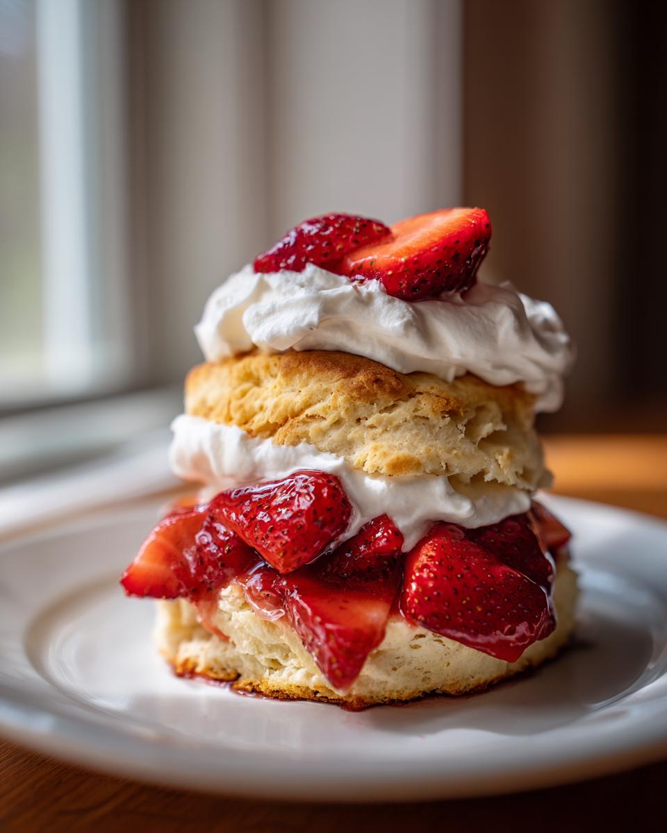 A close-up of a delicious strawberry shortcake layered with biscuit, macerated strawberries, and whipped cream.