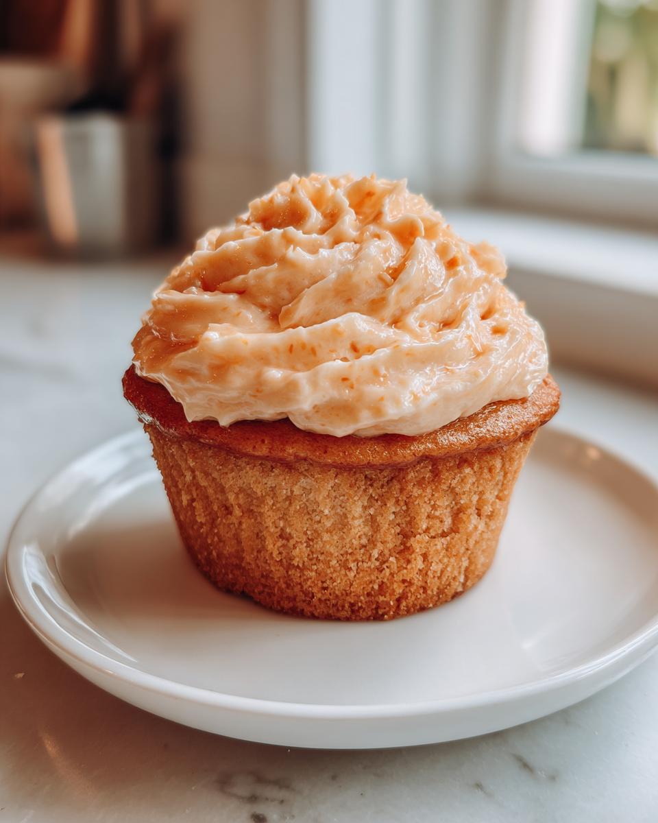 A single, freshly baked honey peach cream cheese cupcake topped with swirled peach-colored frosting on a white plate.
