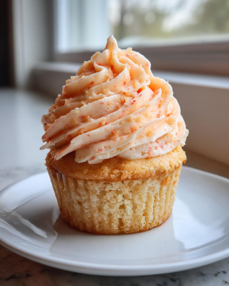A single honey peach cream cheese cupcake with a tall swirl of peach-flecked frosting sitting on a white plate.