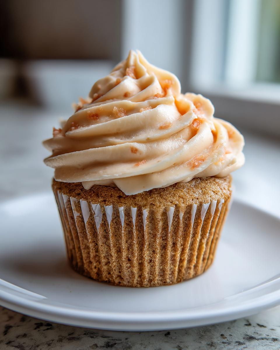 A close-up of a single honey peach cream cheese cupcake with tall, swirled frosting topped with peach crumbs.