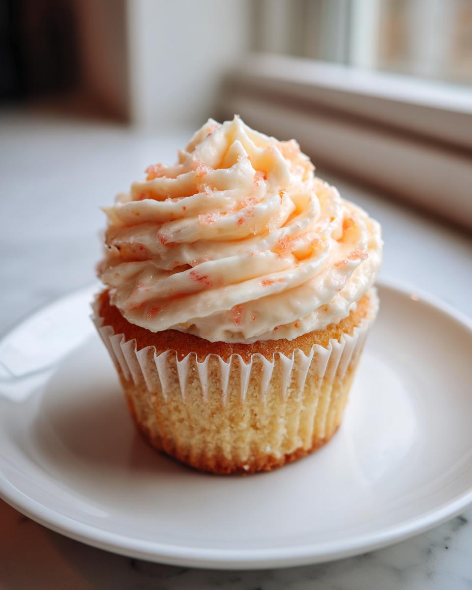 A close-up of a single honey peach cream cheese cupcake with tall, swirled cream cheese frosting and pink sprinkles.
