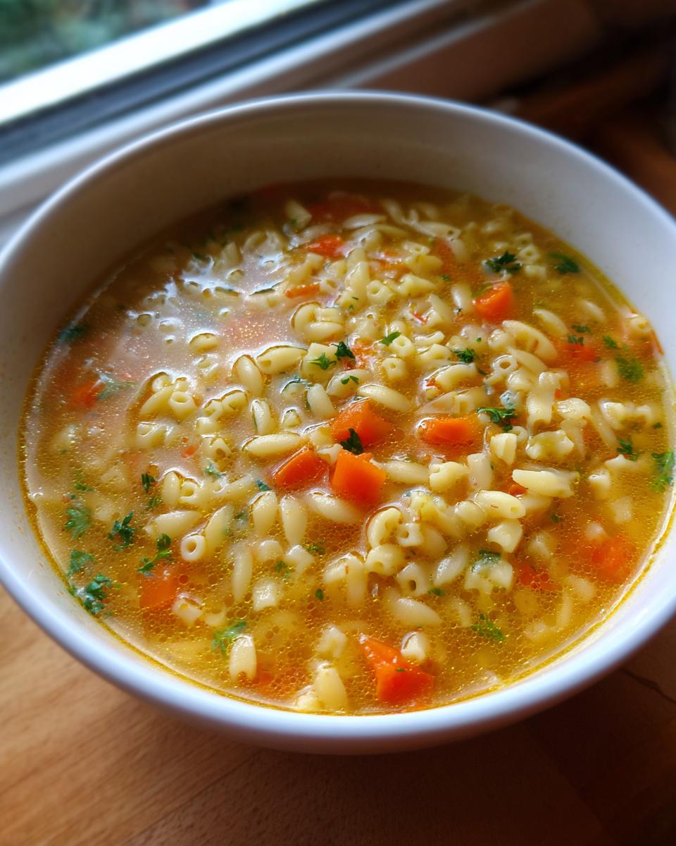 A close-up view of a white bowl filled with hot pastina soup, featuring small pasta shapes, diced carrots, and parsley garnish.