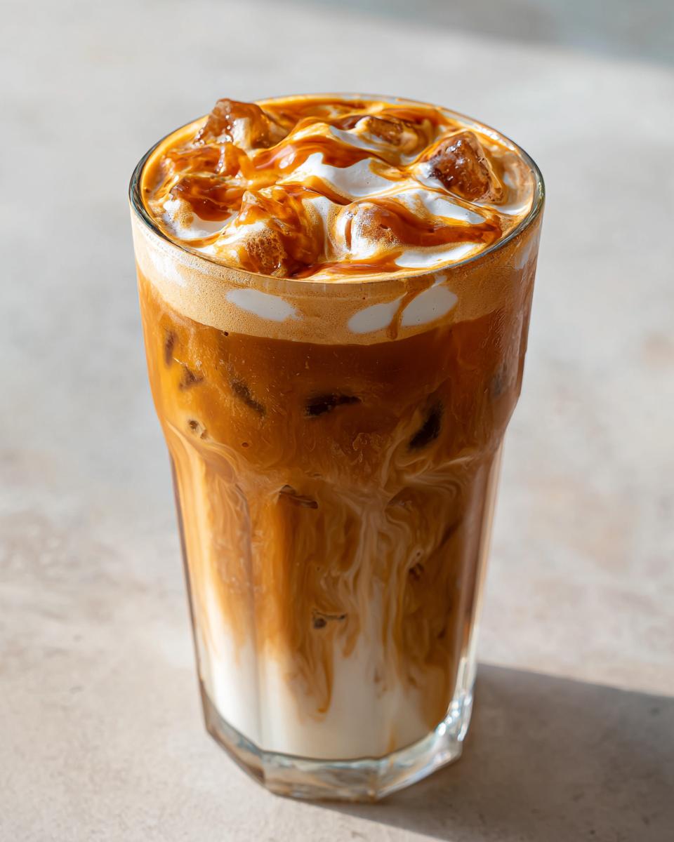 Close-up of a tall glass containing an iced caramelized banana latte with milk swirling up and topped with whipped cream and caramel drizzle.