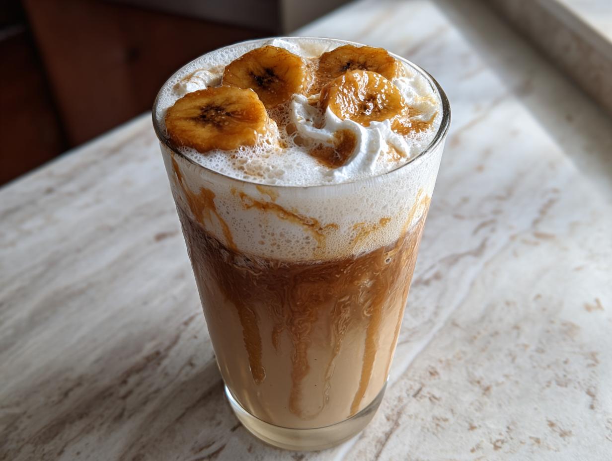 A tall glass showcasing an iced caramelized banana latte topped with whipped cream and caramelized banana slices.