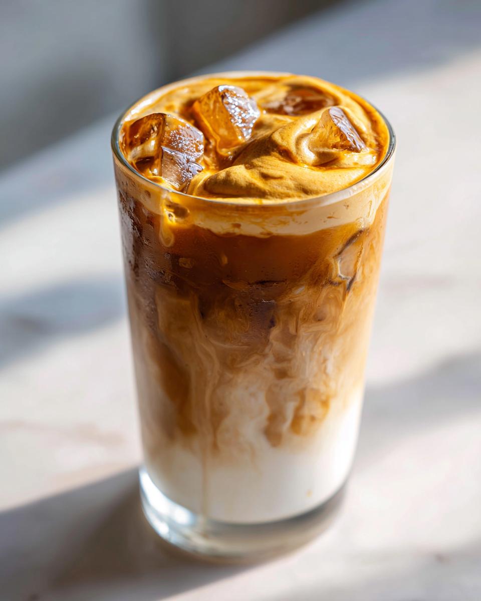 A tall glass of iced caramelized banana latte showing layers of milk, coffee, and thick caramelized foam topping with ice cubes.
