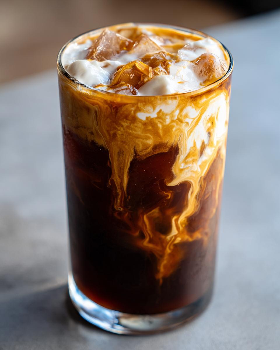 Close-up of an iced caramelized banana latte showing rich swirls of caramel cream mixing into dark iced coffee.