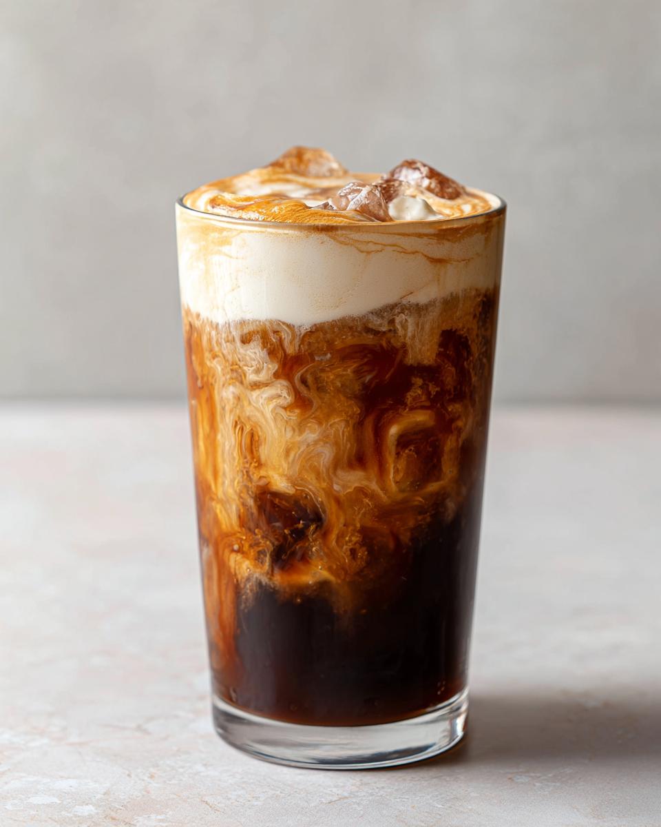 Close-up of an iced caramelized banana latte showing dark coffee swirling with cream and caramel topping over ice.