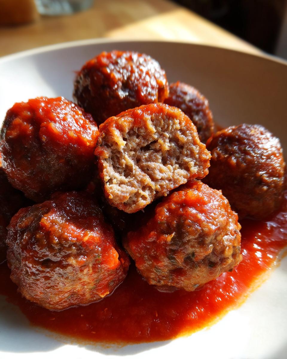 Close-up of several juicy italian meatballs smothered in rich tomato sauce, one is cut open showing the texture.
