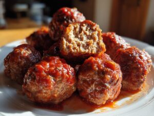 Close-up of tender italian meatballs covered in rich tomato sauce, one meatball is cut open showing the texture.