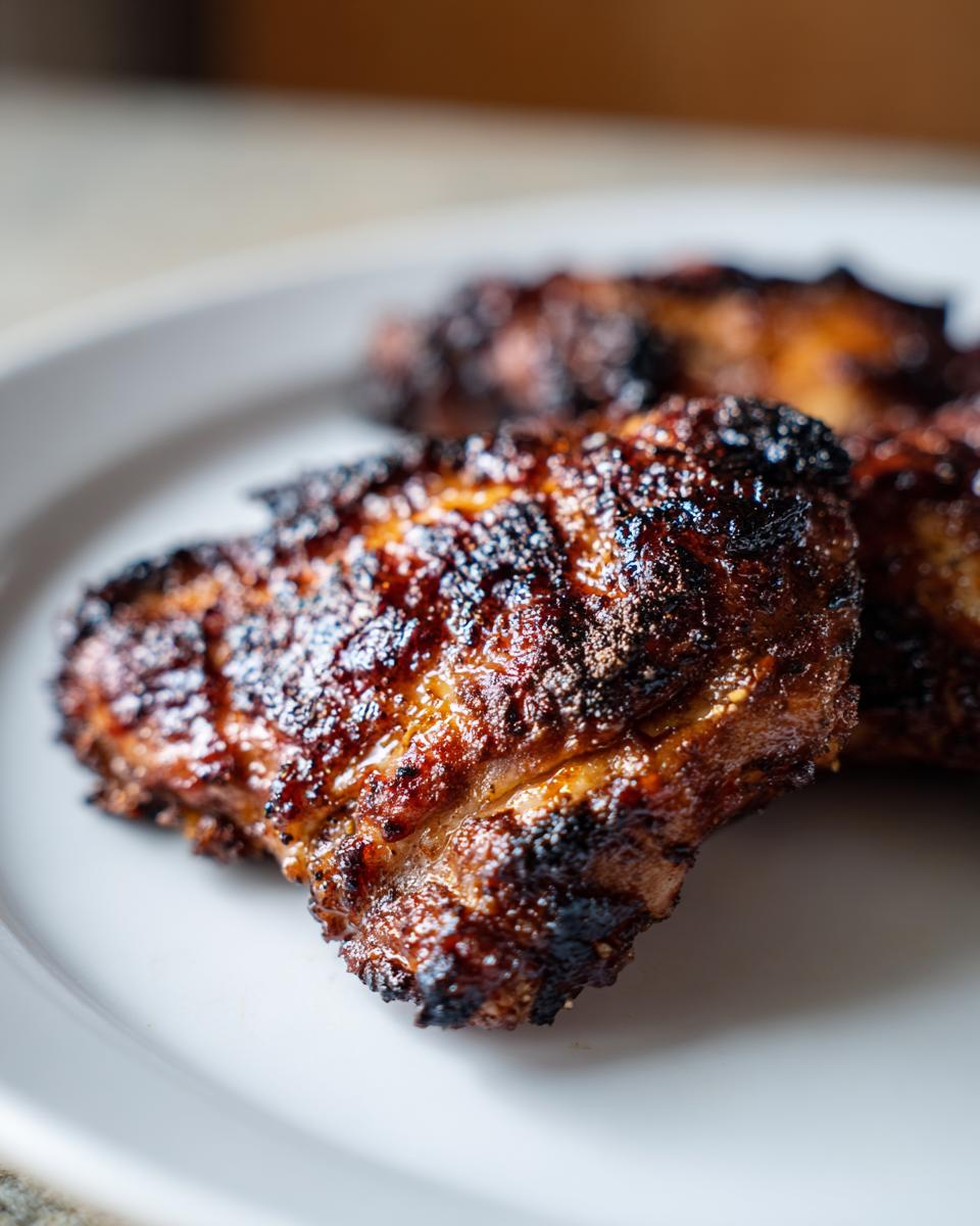 Close-up of a beautifully charred piece of Jamaican jerk chicken resting on a white plate.