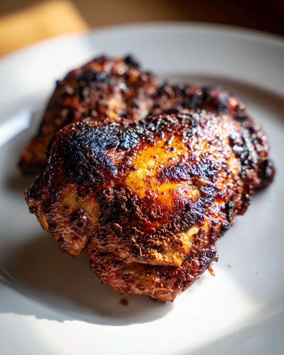 Close-up of two beautifully charred pieces of Jamaican jerk chicken thighs on a white plate.