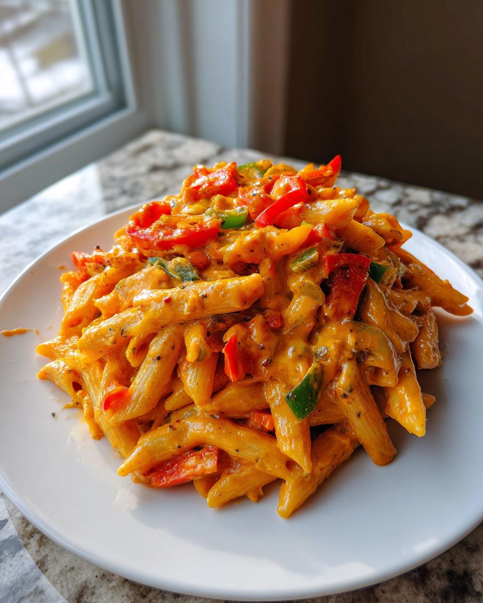 A mound of vibrant Jamaican Rasta Pasta coated in a creamy orange sauce with visible red and green bell peppers.