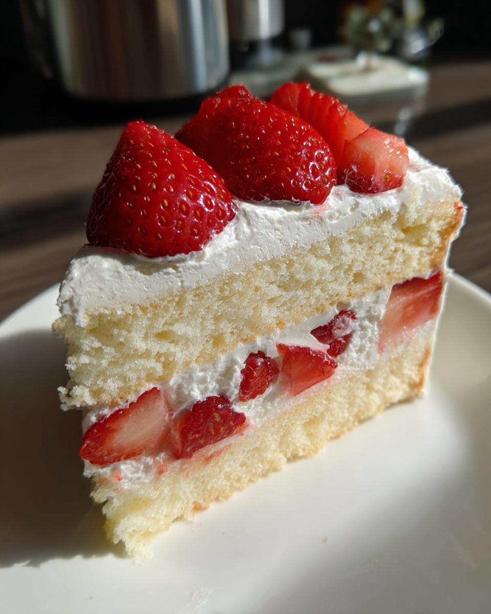 Close-up of a fluffy slice of japanese strawberry shortcake layered with cream and fresh strawberries.