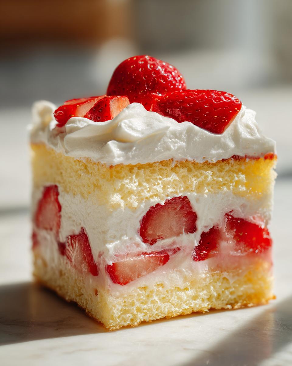 Close-up of a perfect slice of japanese strawberry shortcake showing layers of light sponge cake, fresh strawberries, and whipped cream.