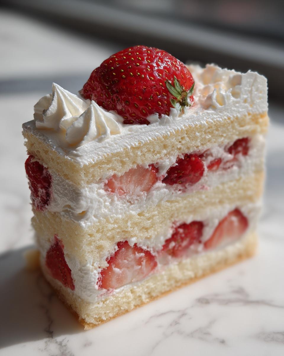 A perfect slice of Japanese strawberry shortcake featuring layers of light sponge, whipped cream, and fresh strawberries, topped with a whole berry.