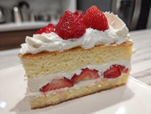 A perfect slice of japanese strawberry shortcake showing layers of light sponge cake, whipped cream, and fresh strawberries.