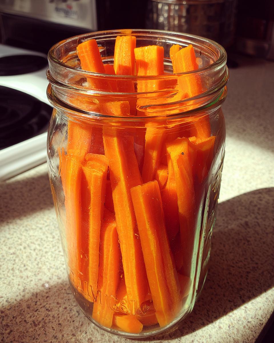 Close-up of bright orange carrot sticks packed tightly into a glass mason jar, ready to be made into pickled carrots.