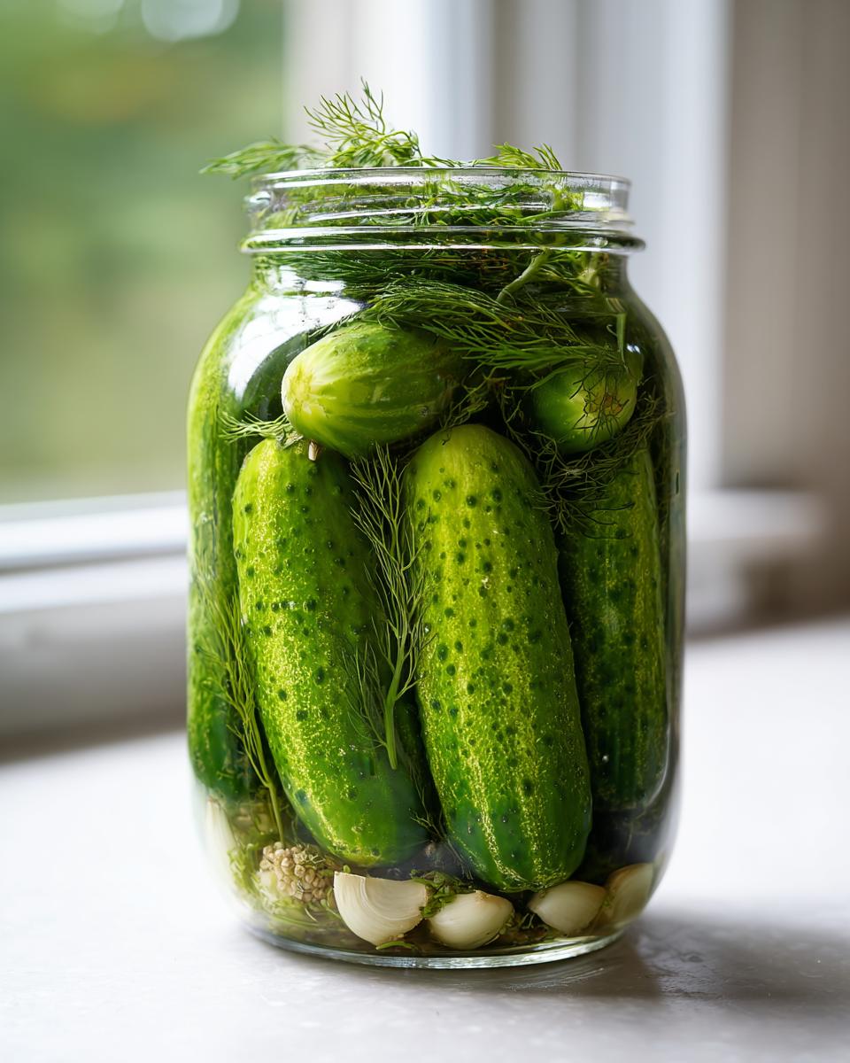 Close-up of fresh cucumbers packed in a glass jar with dill and garlic for making fermented pickles.