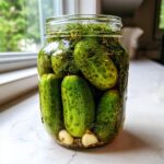 A glass jar filled with fresh cucumbers, dill fronds, garlic cloves, and spices for making fermented pickles.