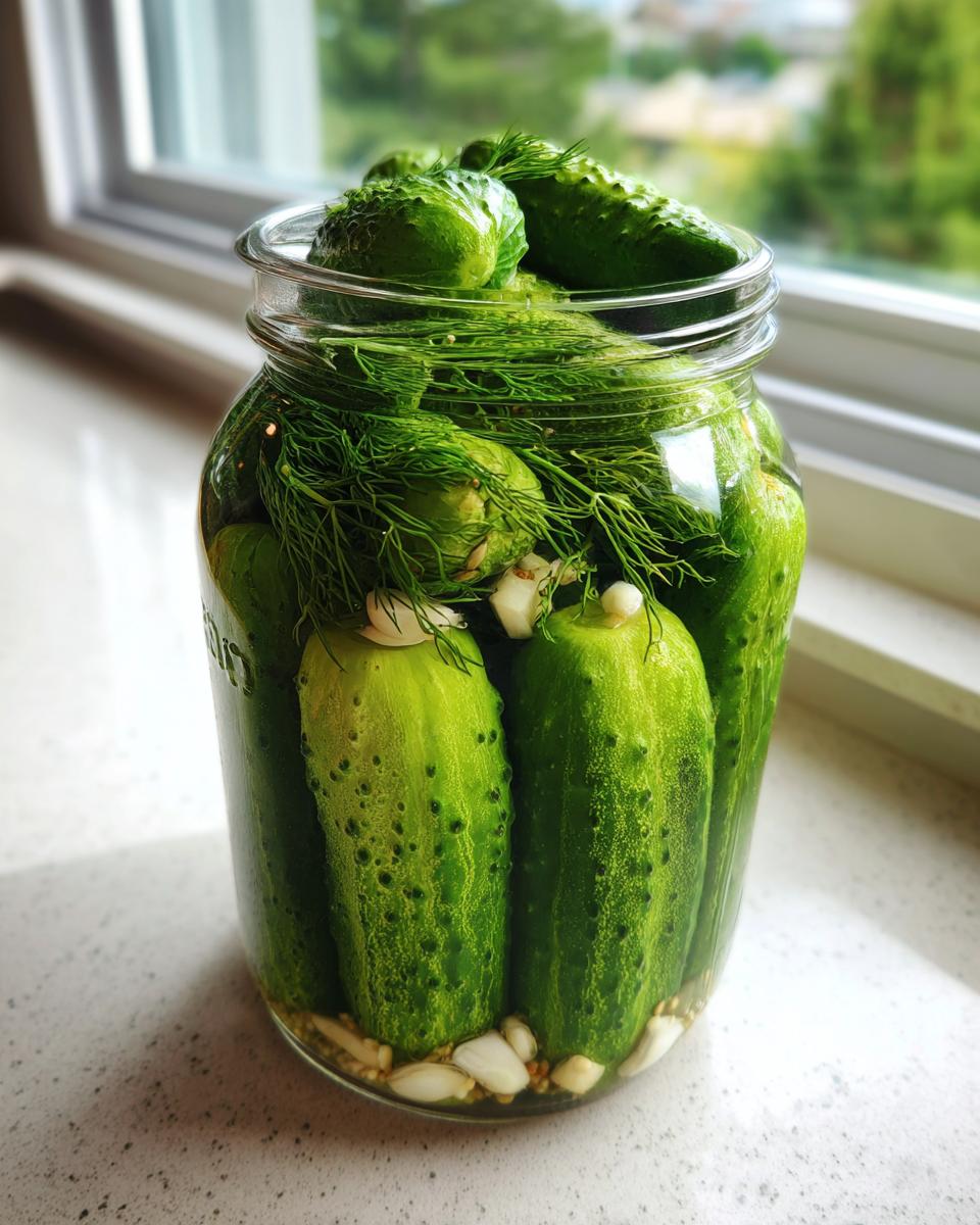 A glass jar tightly packed with fresh cucumbers, dill, and garlic cloves, ready for making fermented pickles.