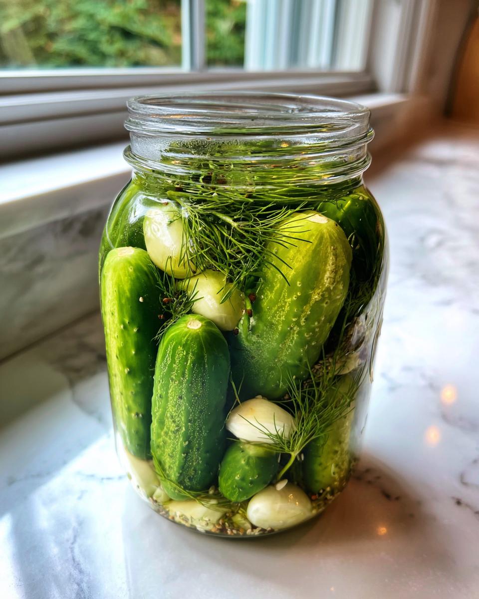 A glass jar filled with fresh cucumbers, garlic cloves, and dill fronds for making fermented pickles.