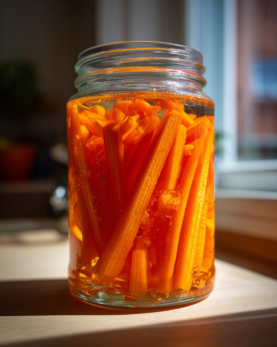 Close-up of bright orange pickled carrots cut into sticks, packed tightly in a glass jar filled with pickling liquid.