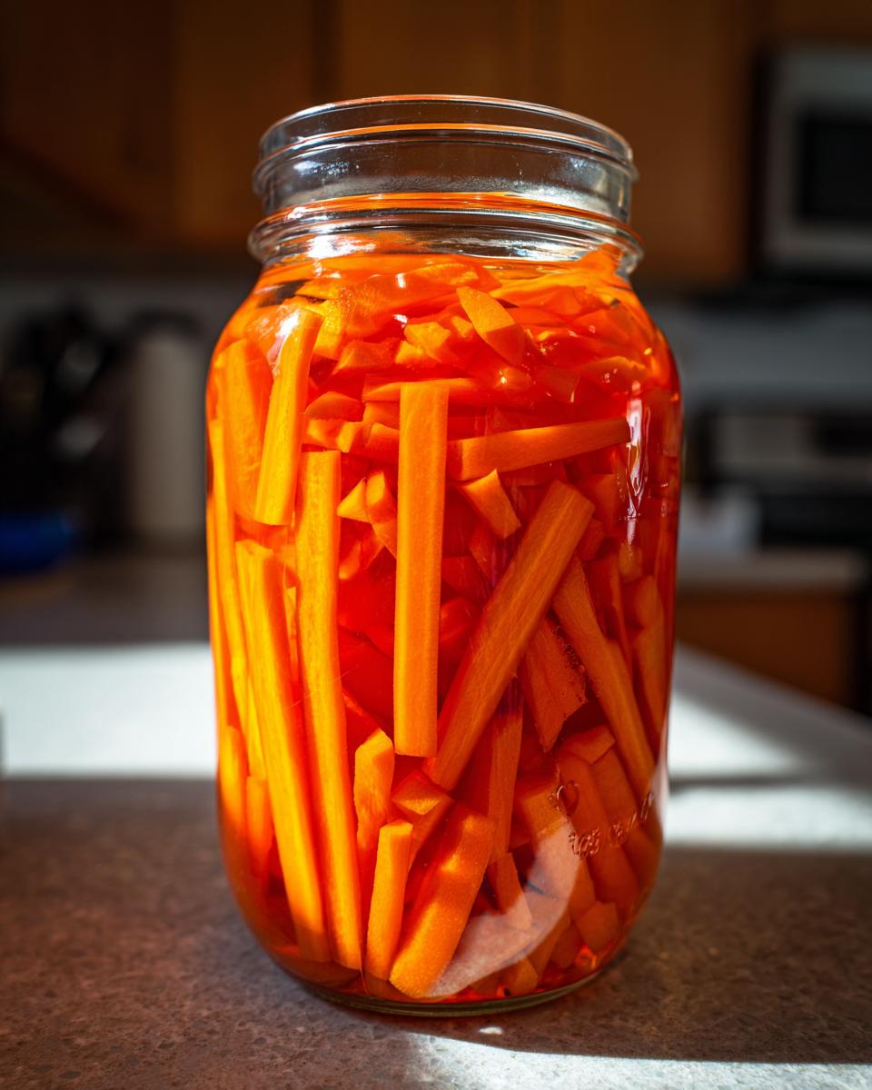 A glass jar filled with bright orange, julienned pickled carrots submerged in liquid.