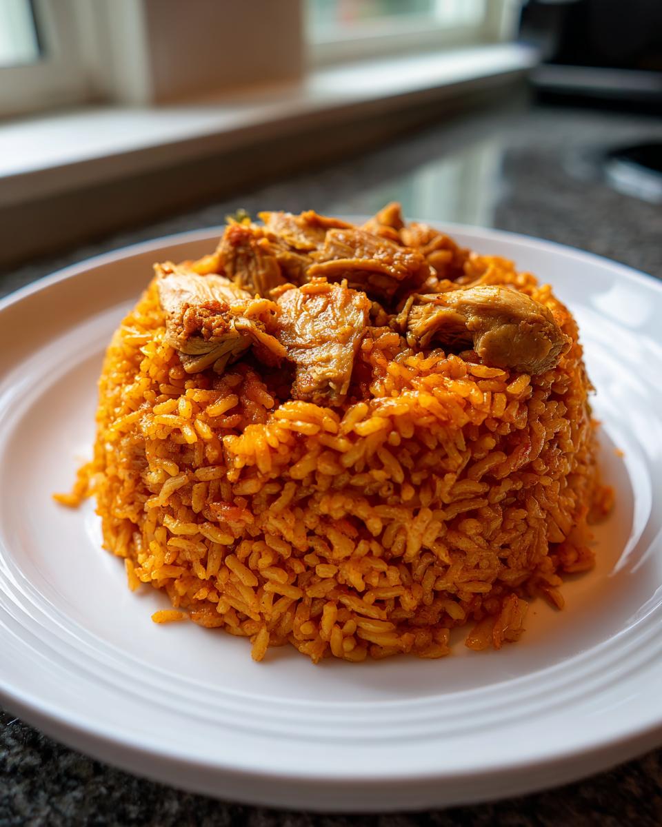 A mound of vibrant orange jollof rice topped with pieces of seasoned chicken, served on a white plate.