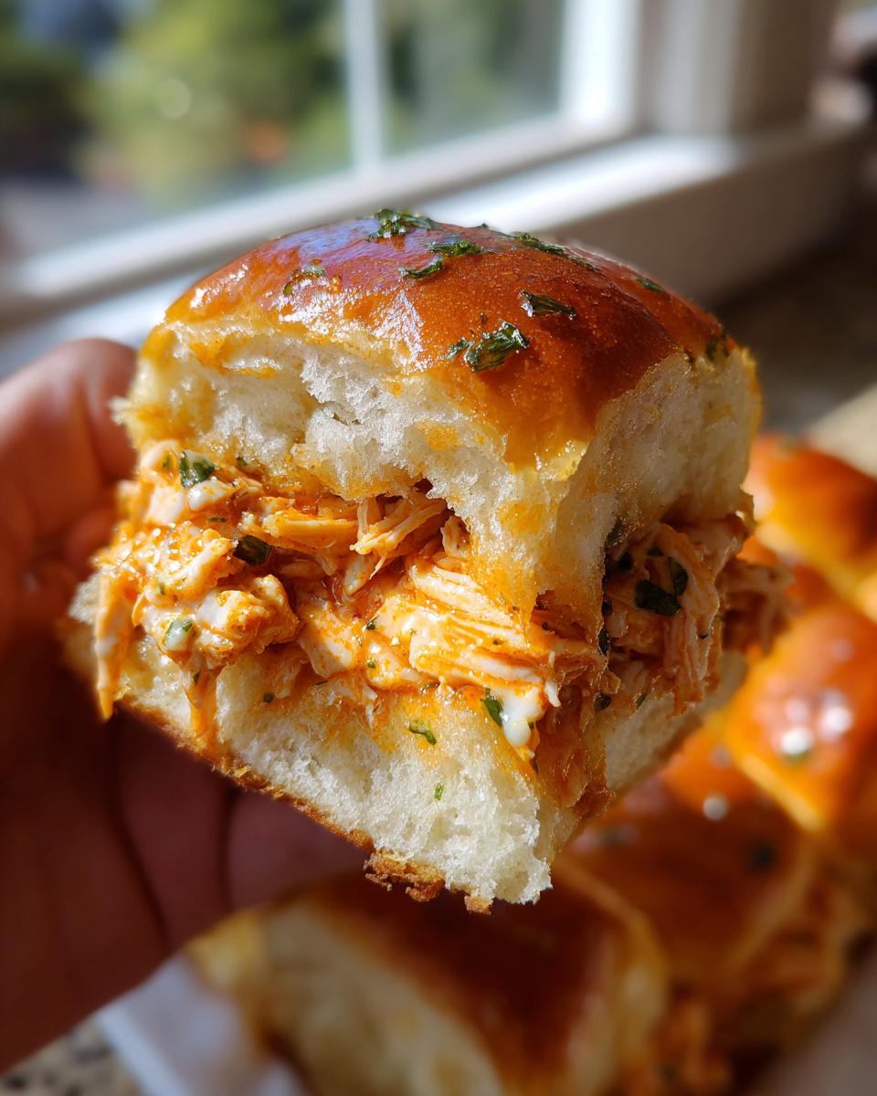 A hand holding a delicious, saucy buffalo chicken sliders sandwich, showing shredded chicken filling inside a glazed bun.