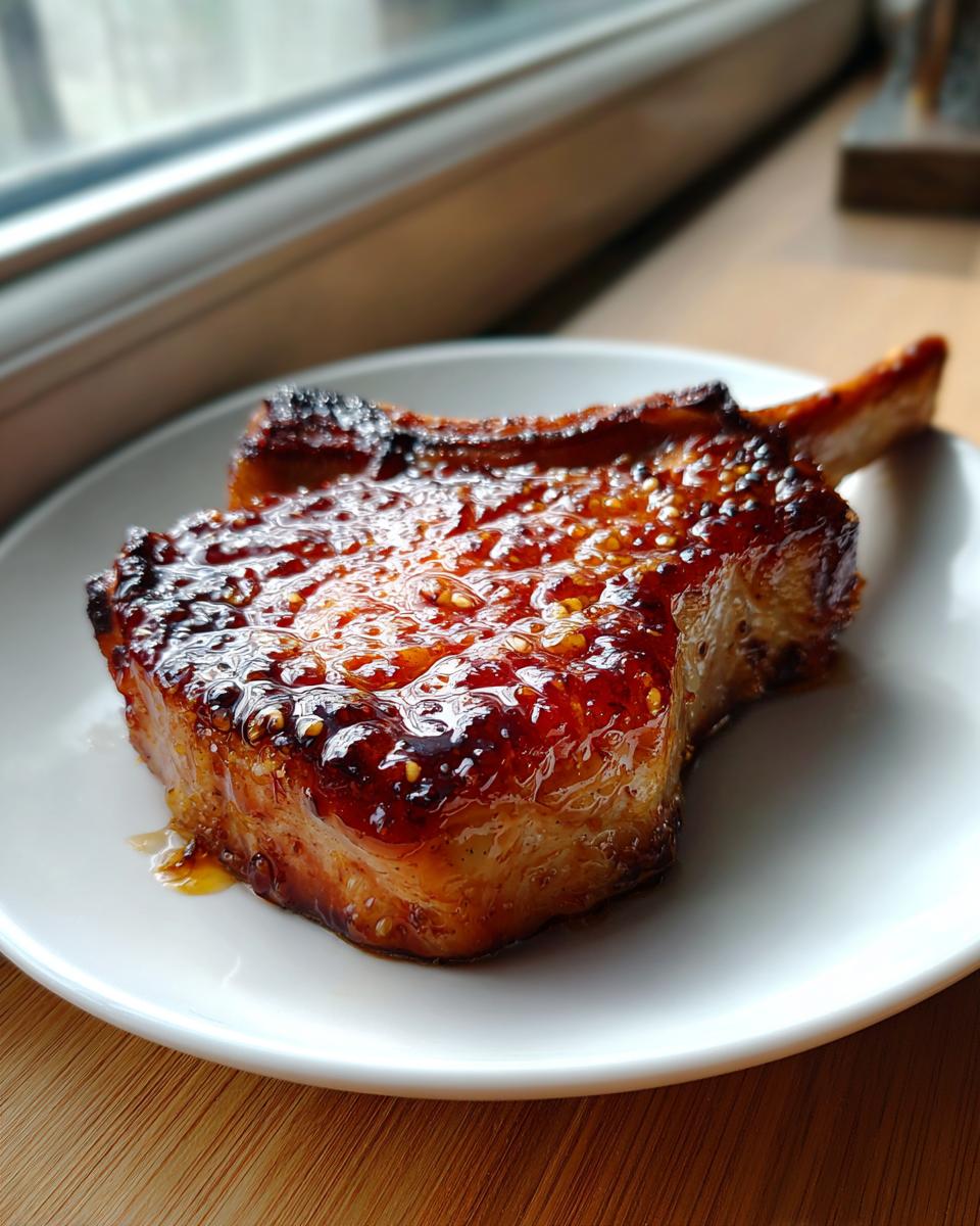 A thick, juicy, bone-in pork chop with a shiny, caramelized glaze served on a white plate.