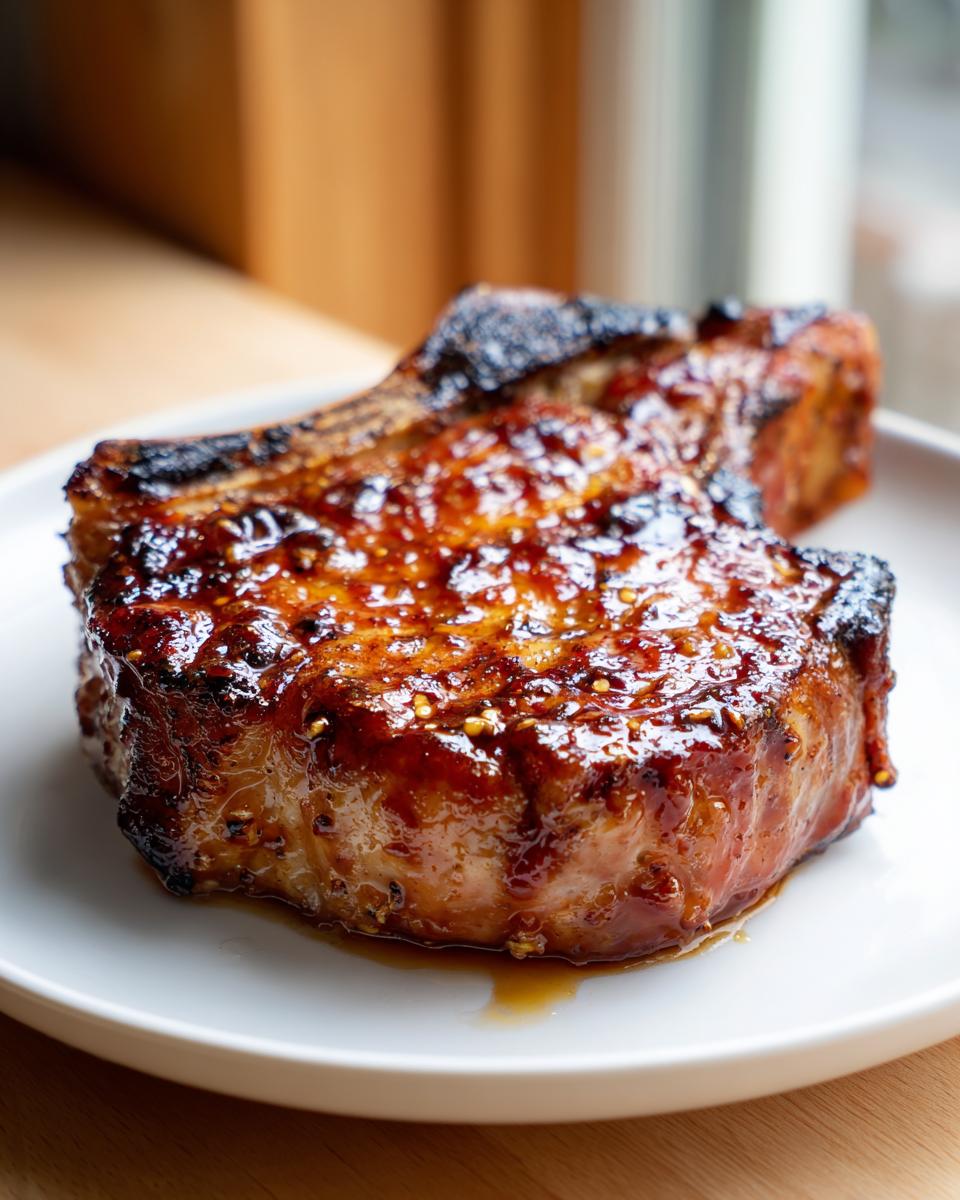 Close-up of two thick, juicy pork chops with a dark, caramelized glaze served on a white plate.