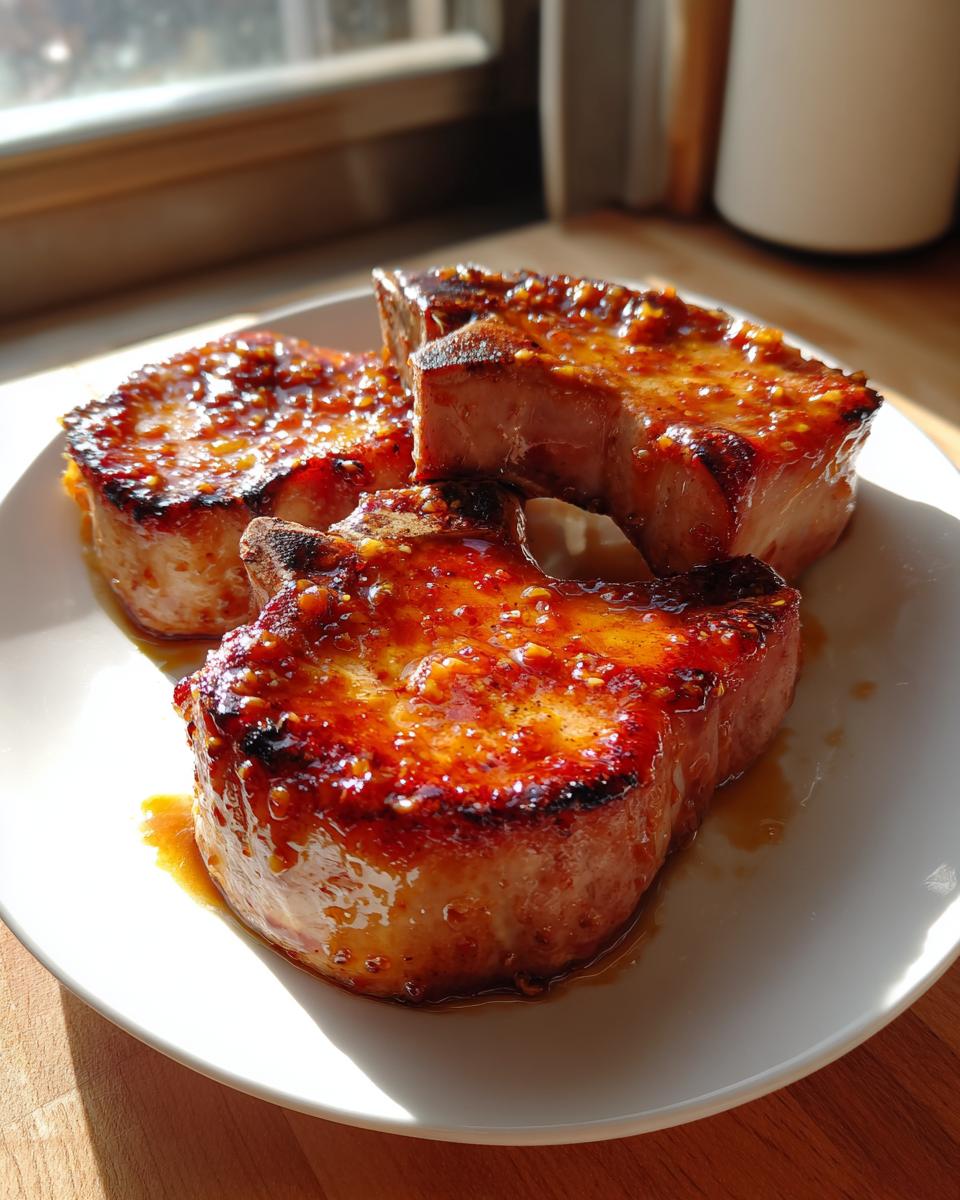 Three thick-cut, juicy pork chops covered in a glistening, caramelized glaze resting on a white plate.