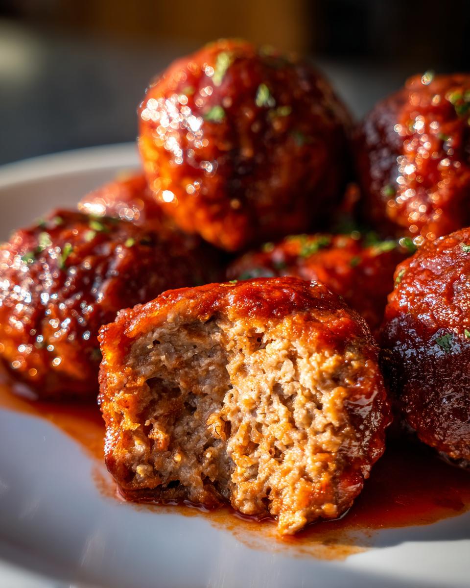 Close-up of a tender, saucy italian meatball cut in half, showing the moist interior texture.
