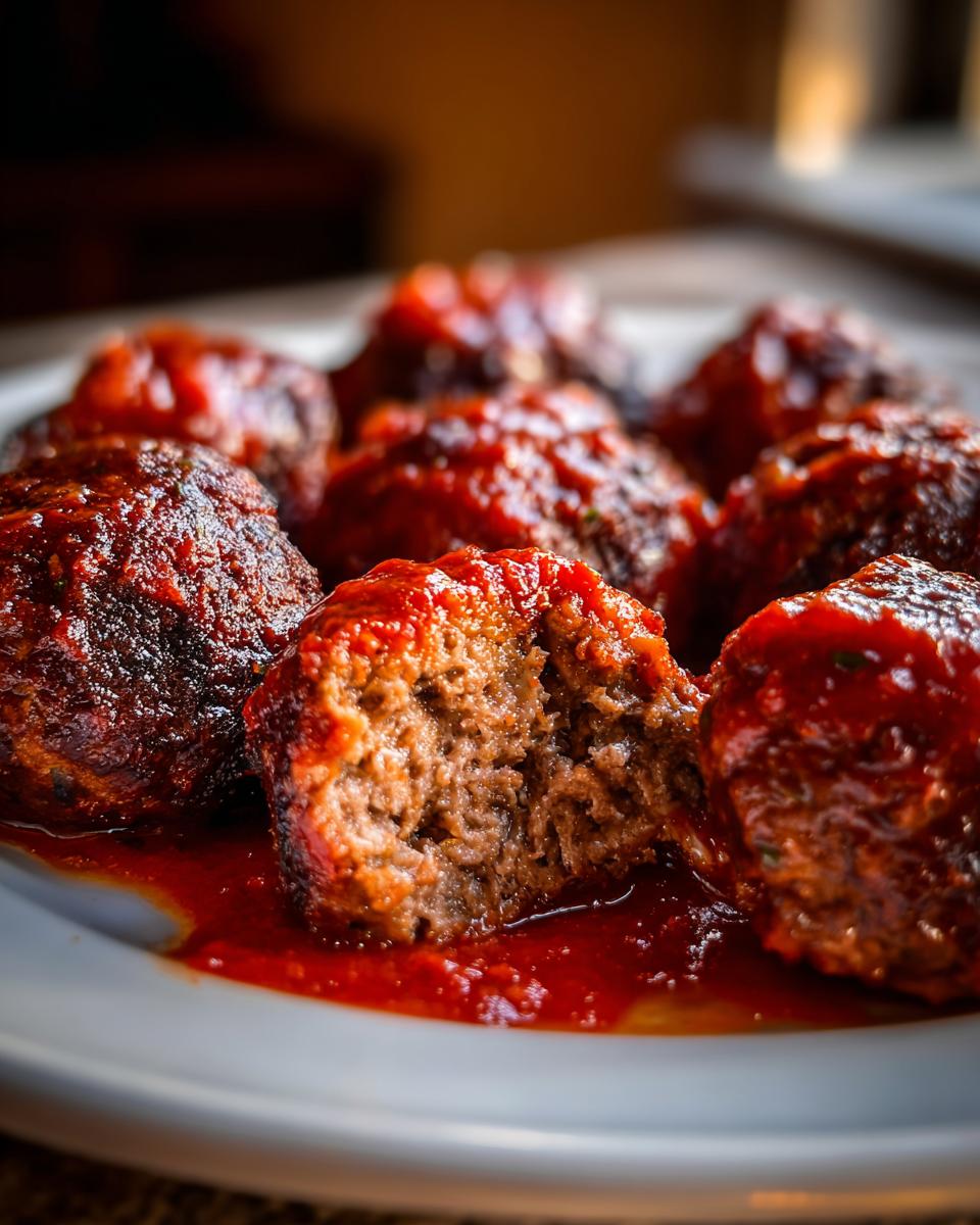 Close-up of several juicy italian meatballs smothered in rich red tomato sauce, one meatball is cut open showing the texture.