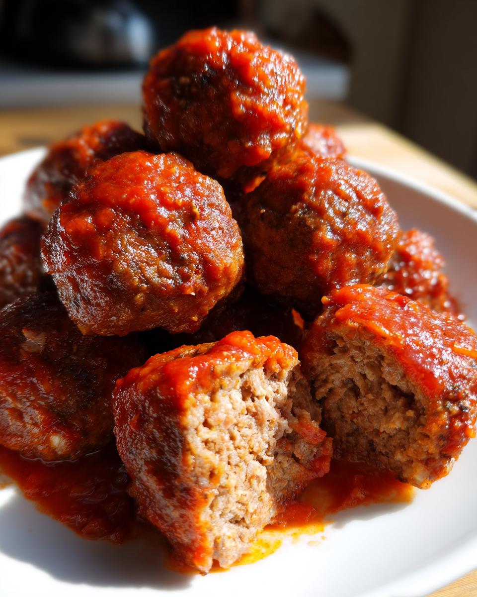 Close-up of tender italian meatballs covered in red sauce, one is cut open showing the texture.