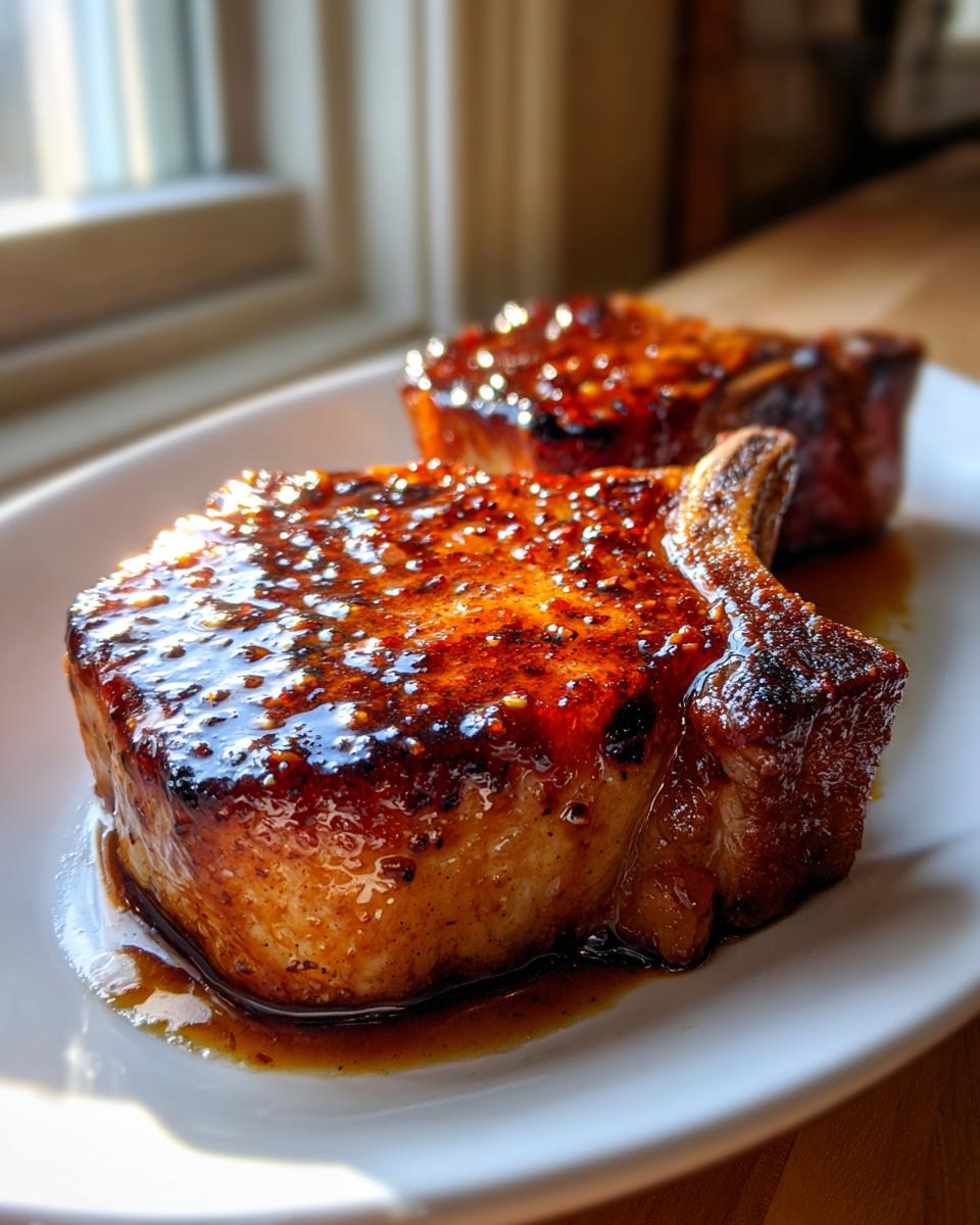 Two thick, juicy pork chops with a shiny, caramelized glaze sitting in sauce on a white plate.