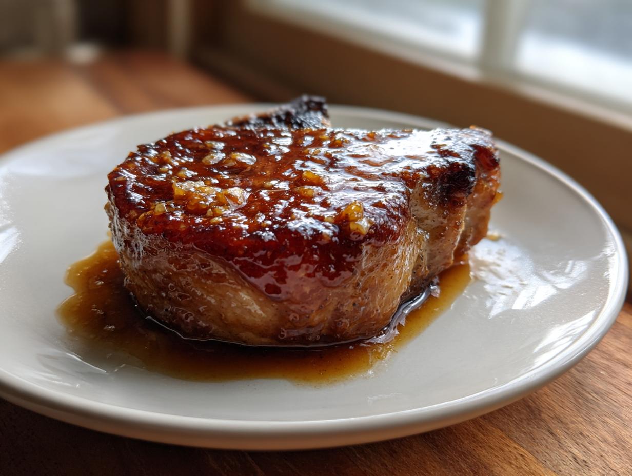 A thick, juicy pork chop covered in a shiny, amber glaze, resting on a white plate.