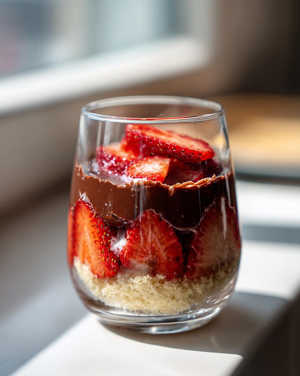 A close-up of a layered dubai chocolate strawberry cup dessert featuring a crumb base, fresh strawberries, and rich chocolate topping.